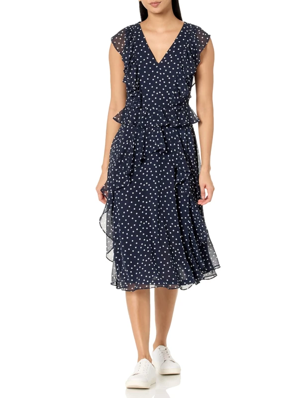 Tommy Hilfiger Women's Midi Length Chiffon Fabric Ruffle Short Sleeve Dress, Sky Captain/Ivory, 12