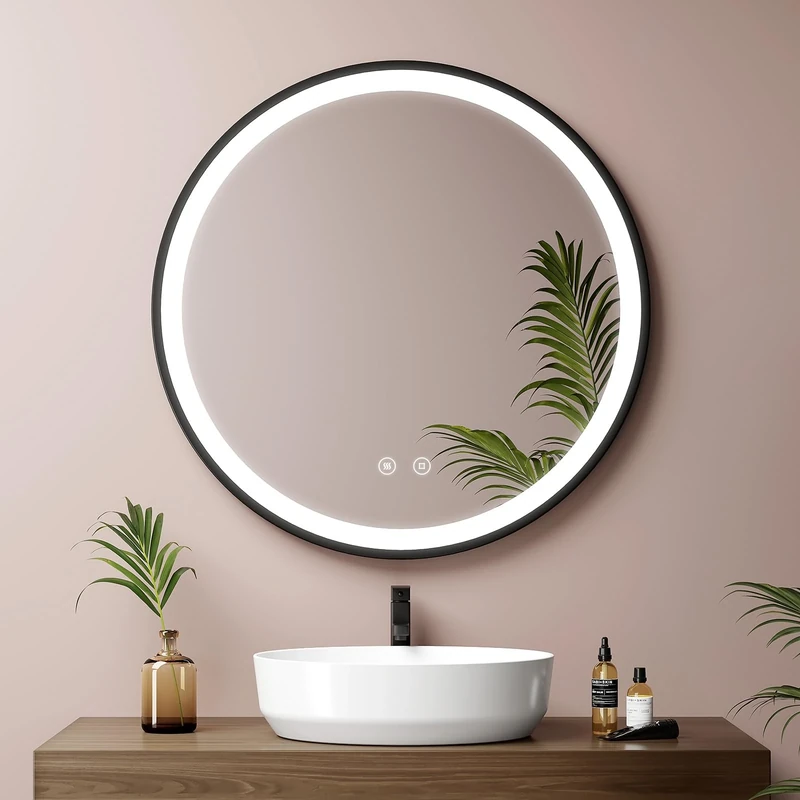 EMKE 70cm Round Bathroom Mirror with Touch Switch and Anti-Fog Function, White Light 6500K, Black Frame and Adjustable Shoulder Strap