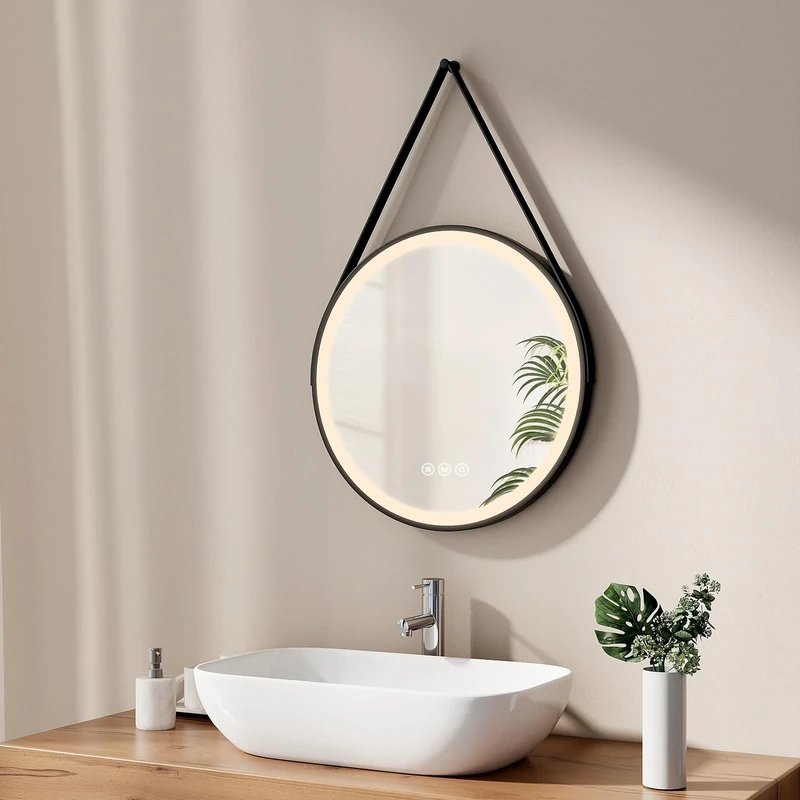 EMKE Round Bathroom Mirror 50 cm, Round Bathroom Mirror with Touch Switch and Anti-Fog Function, 3 Variable Light Colours, Black Frame and Adjustable Shoulder Strap