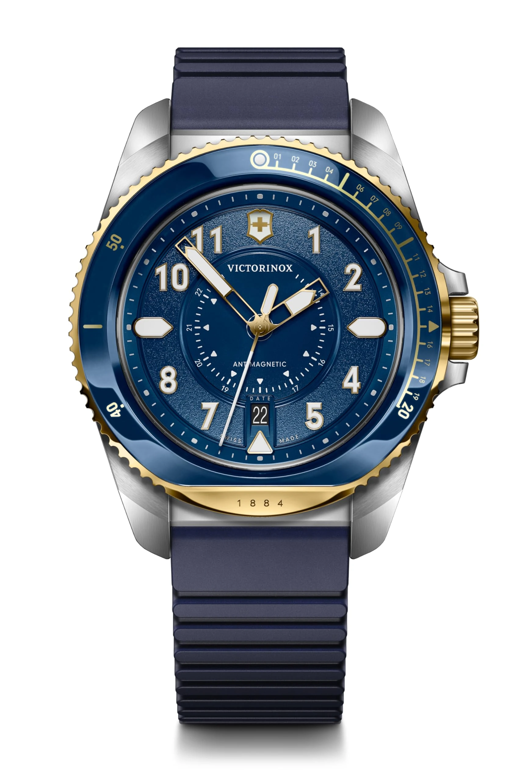 Victorinox Men’s Watch Journey 1884 Ø 43 mm, Swiss Made, Analogue Quartz, Water-Resistant up to 200 m, Rubber Strap, Blue