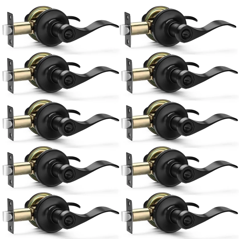 Hasmikit 10 Pack Matte Black Door Handles Privacy Door Levers, Heavy Duty Bed and Bath Door Locks Interior Door Knobs, Reversible Keyless Wave Lever Door Handles
