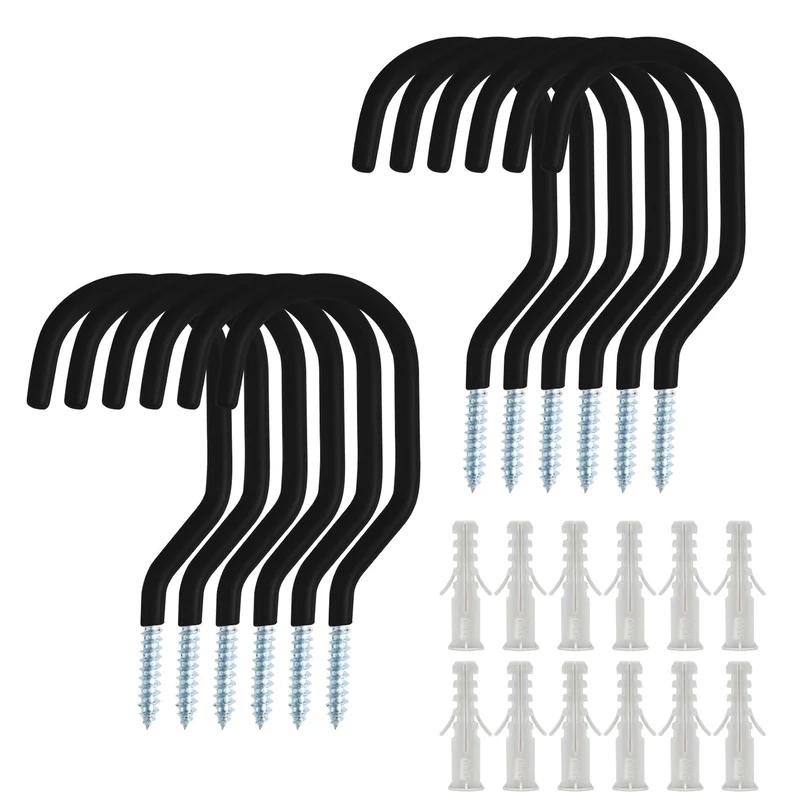 Sinoer 12 Pack Bike Hooks/Bicycle Storage Hooks Set, Wall Mount Screw Ceiling Hooks with 12 Expansion Tubes for Shed, Garage, Garden -Black