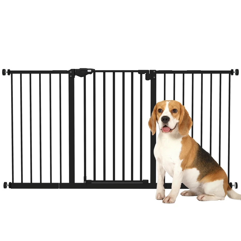 PawHut Pet Safety Gate 74-148 x 76.2 cm with Automatic Door Double Locking System No Drilling with 3 Extensions Black