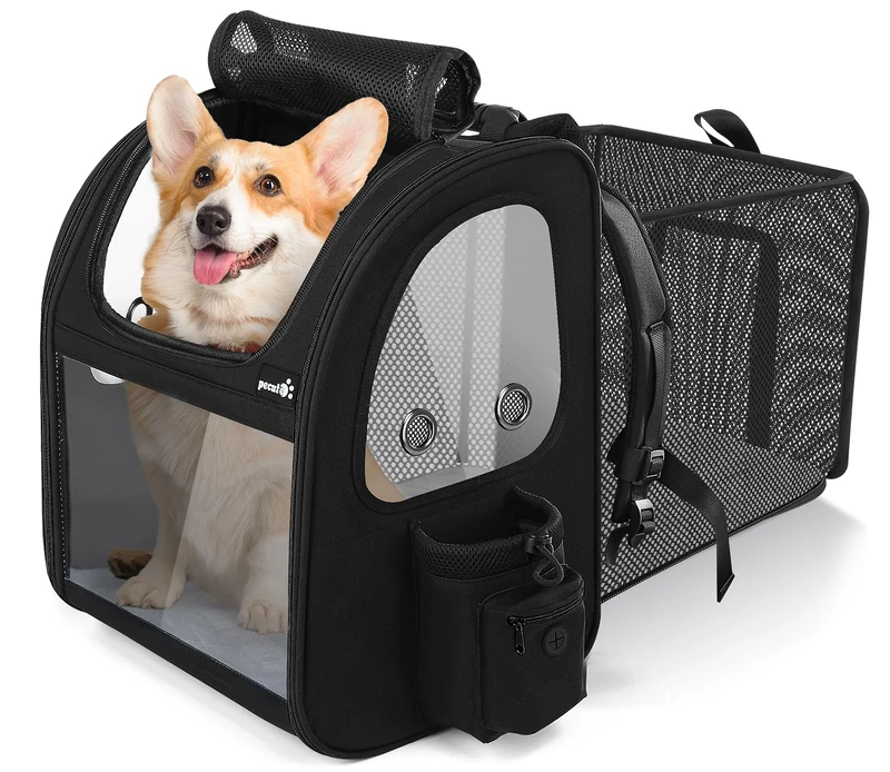 pecute Cat Carrier Dog Backpack Expandable Large, Breathable Rucksack with Top Opening-Visible Acrylic-Pockets, Extendable Back More Space Great For Carrying Pets