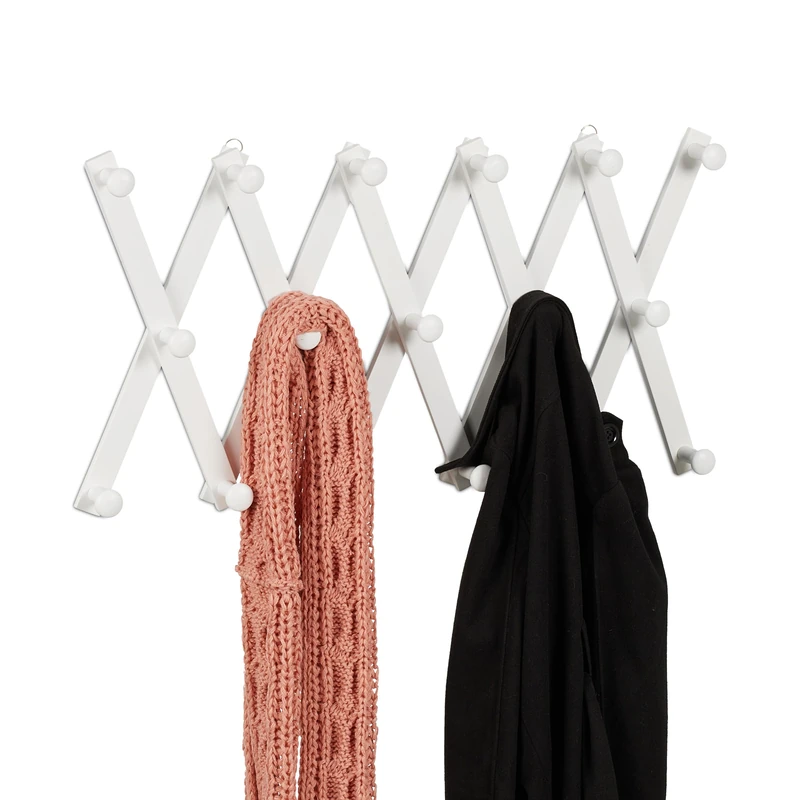 Relaxdays Wall Coat Rack, Wooden, Expandable, 17 Jacket Hooks, Hallway Outerwear Storage, 7.5 x 182.5 x 7.5 cm, White, Wood