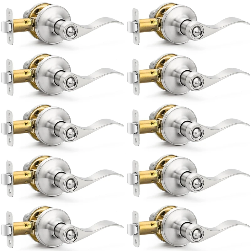 Hasmikit 10 Pack Brushed Nickel Door Handles Privacy Door Levers, Heavy Duty Bed and Bath Door Locks Interior Door Knobs, Reversible Keyless Wave Lever Door Handles