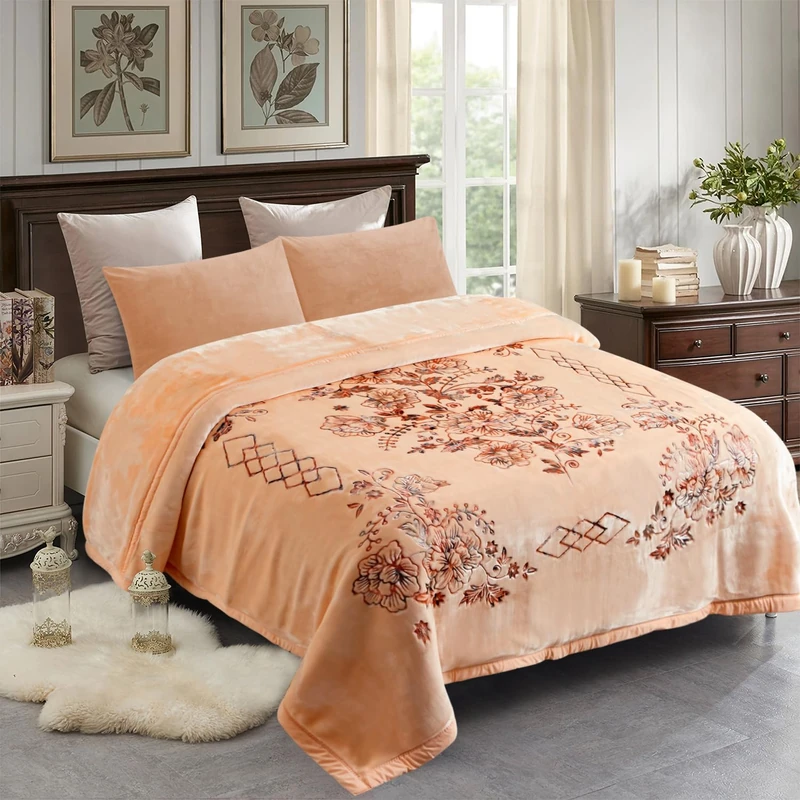 JML Korean Style Mink Blanket Heavy King Size 87" x 94", 10.5 Pounds Plush Raschel Fleece Blanket for Winter- Soft, Warm, 2 Ply, A&B Printed, Embossed (Flowers Branches Beige)
