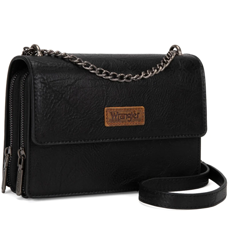 Wrangler CrossBody Purse for Women Western Small Clutch Wallet Trendy Shoulder Bag with Chain Strap Gift Black WG149-236BK, Jet Black