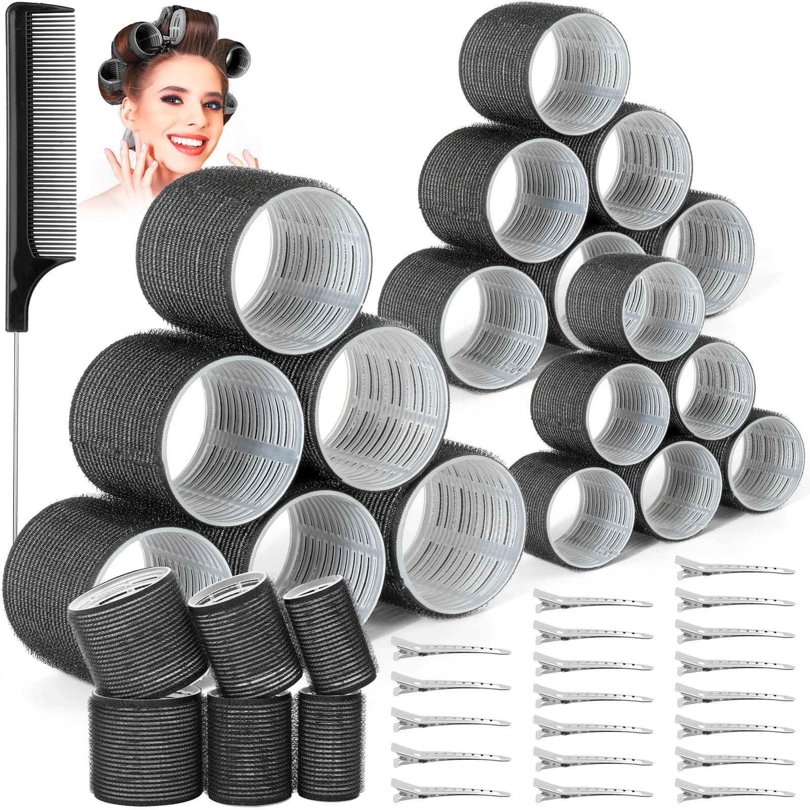 Thrilez 39PCS Hair Curlers Rollers with Clips Black Hair Roller with 3 Sizes 64mm 44mm 33mm, Jumbo Roller with 12PCS Duckbill Clips Hair Rollers for Long Medium Short Thick Fine Volume Bangs
