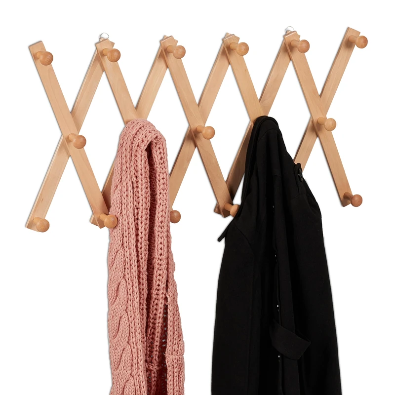 Relaxdays Wall Coat Rack, Wooden, Expandable, 17 Jacket Hooks, Hallway Outerwear Storage, 7.5 x 182.5 x 7.5 cm, Natural - Image 1