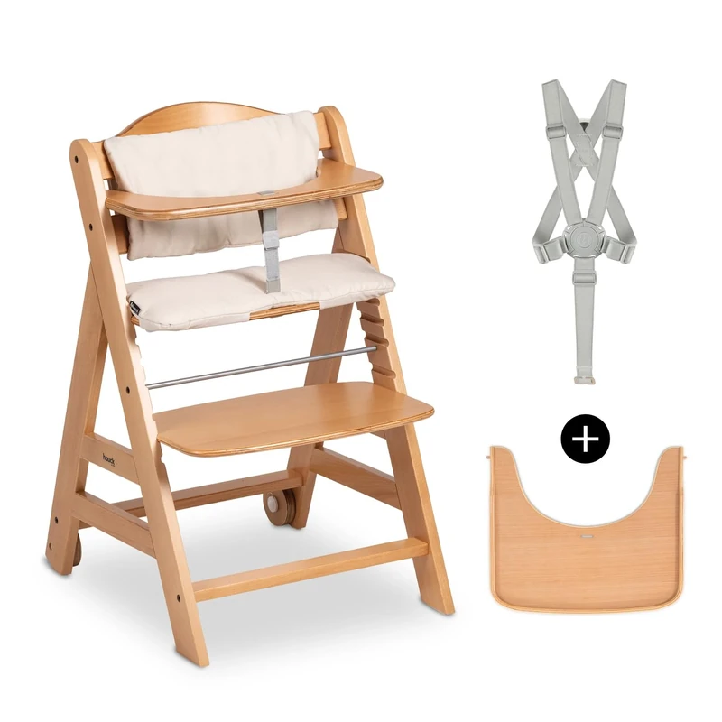 hauck Beta+, Natural - Wooden High Chair Set from 6 Months to 90 kg - with Wheels, Seat Cushion, Wooden Tray & Bumper Bar, 5 Point Harness & Crotch Strap - Made from FSC Certified Beechwood