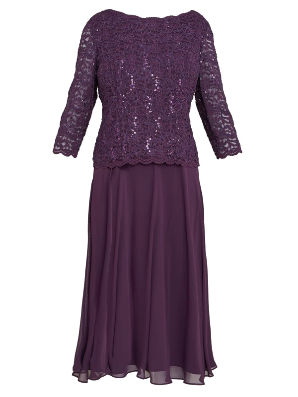 Gina Bacconi Midi-Length Dress with Lace Bodice & Chiffon Skirt, Plum, 18