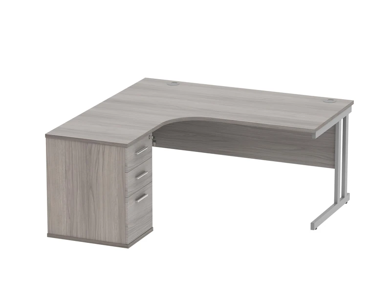 Office Hippo Heavy Duty Left Corner Radial PC Office Desk With Storage, 3 Drawer A4 and Foolscap Filing Pedestal, Silver Frame, Alaskan Grey Oak Top, 160 x 160.4 x 73 cm