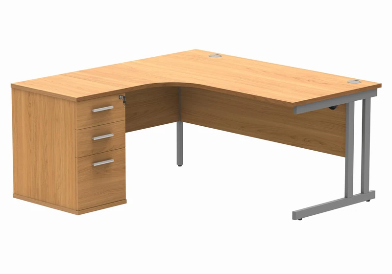 Office Hippo Heavy Duty Left Corner Radial PC Office Desk With Storage, 3 Drawer A4 and Foolscap Filing Pedestal, Silver Frame, Norwegian Beech Top, 160 x 160.4 x 73 cm
