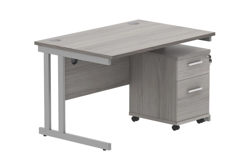 Office Hippo Heavy Duty Contract Grade Office Desk Workstation and Lockable 2-Drawer Pedestal Set, 120kg Weight Tolerance, 5-Year Warranty, FSC Certified, Alaskan Grey Oak, Silver Legs, 1200 x 800mm