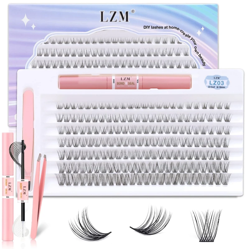 LZM Eyelash Cluster Kit - 168 Lash Clusters, Bond, Seal & Tweezers