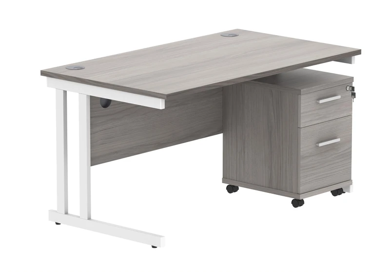Office Hippo Heavy Duty Contract Grade Office Desk Workstation and Lockable 2-Drawer Pedestal Set, 120kg Weight Tolerance, 5-Year Warranty, FSC Certified, Alaskan Grey Oak, White Legs, 1400 x 800mm