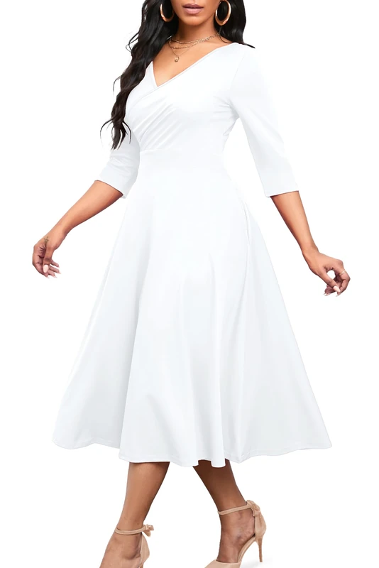 Nmoder Women's Casual Wrap Flared Midi Dress Wedding Guest Cocktail Tea Dresses A-Line Swing V-Neck 3/4 Sleeve, 006-white, L