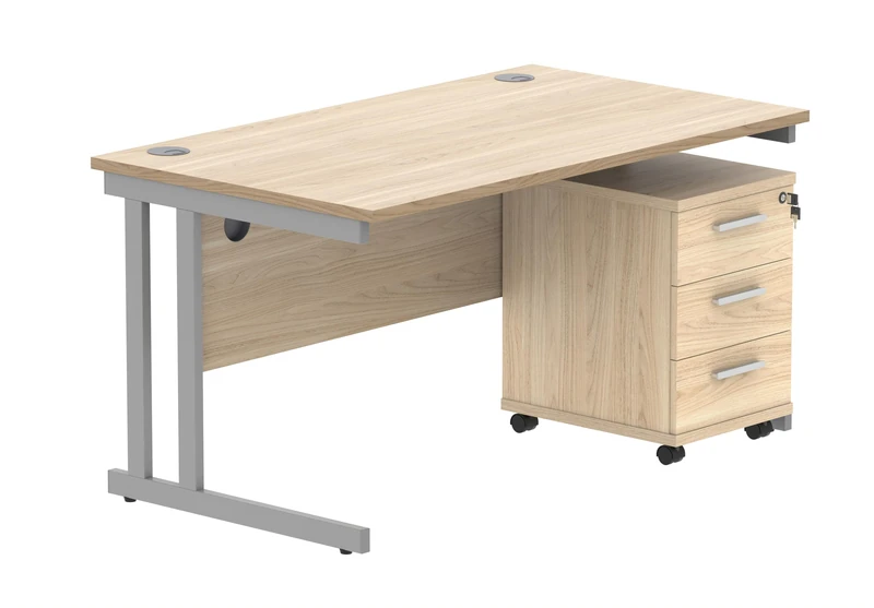 Office Hippo Heavy Duty Rectangular PC Office Desk with Storage, 3 Drawer Mobile Pedestal, Silver Frame, Canadian Oak Top, 140 x 80 x 73 cm