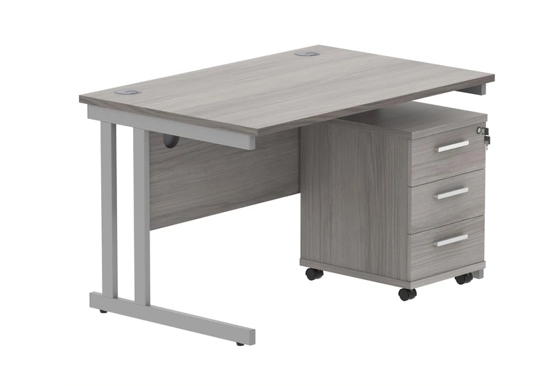 Office Hippo Heavy Duty Rectangular PC Office Desk with Storage, 3 Drawer Mobile Pedestal, Silver Frame, Alaskan Grey Oak Top, 120 x 80 x 73 cm