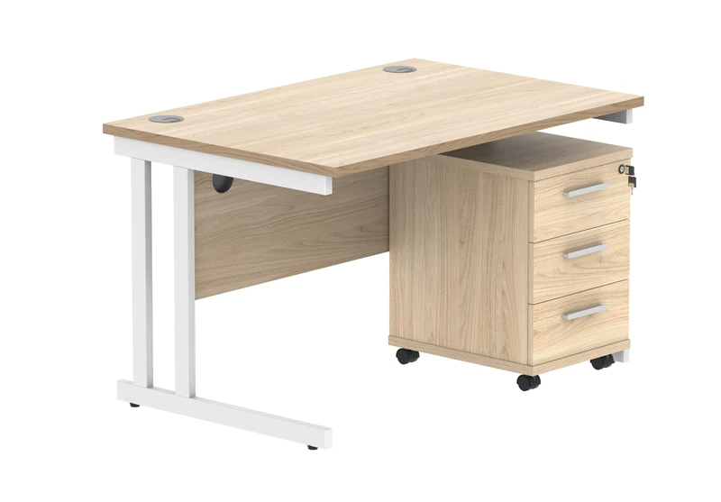 Office Hippo Heavy Duty Rectangular PC Office Desk with Storage, 3 Drawer Mobile Pedestal, White Frame, Canadian Oak Top, 120 x 80 x 73 cm