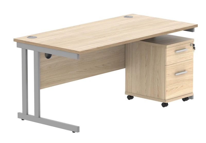 Office Hippo Heavy Duty Contract Grade Office Desk Workstation and Lockable 2-Drawer Pedestal Set, 120kg Weight Tolerance, 5-Year Warranty, FSC Certified, Canadian Oak, Silver Legs, 1600 x 800mm