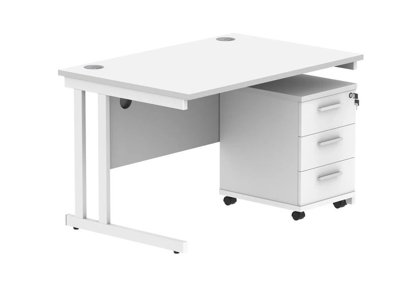 Office Hippo Heavy Duty Rectangular PC Office Desk with Storage, 3 Drawer Mobile Pedestal, White Frame, Arctic White Top, 120 x 80 x 73 cm