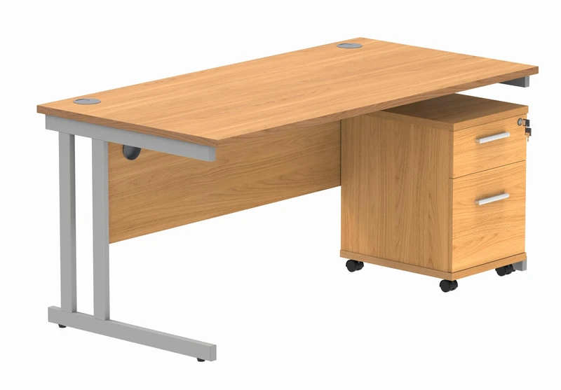 Office Hippo Heavy Duty Contract Grade Office Desk Workstation and Lockable 2-Drawer Pedestal Set, 120kg Weight Tolerance, 5-Year Warranty, FSC Certified, Norwegian Beech, Silver Legs, 1600 x 800mm