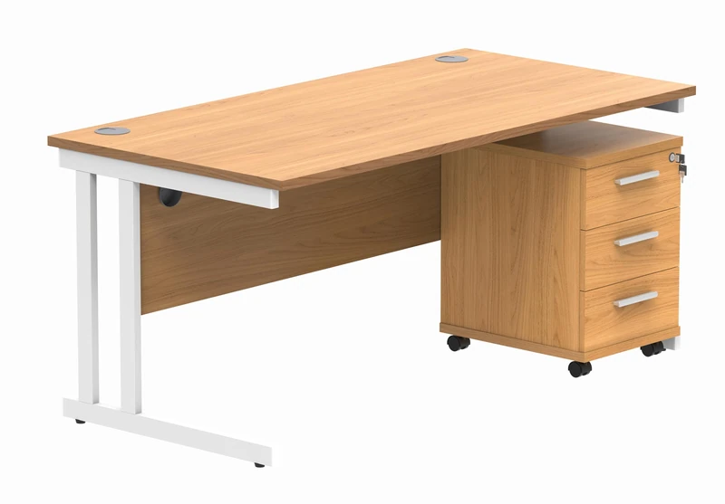 Office Hippo Heavy Duty Rectangular PC Office Desk with Storage, 3 Drawer Mobile Pedestal, White Frame, Norwegian Beech Top, 160 x 80 x 73 cm