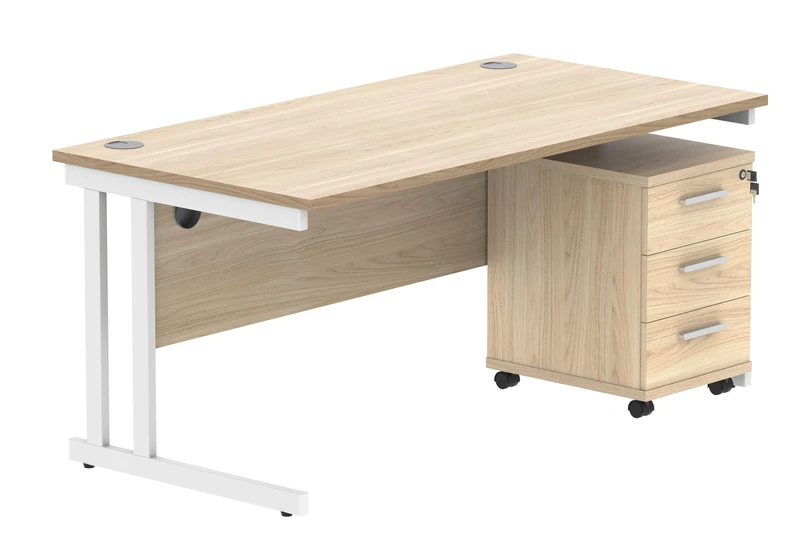 Office Hippo Heavy Duty Rectangular PC Office Desk with Storage, 3 Drawer Mobile Pedestal, White Frame, Canadian Oak Top, 160 x 80 x 73 cm