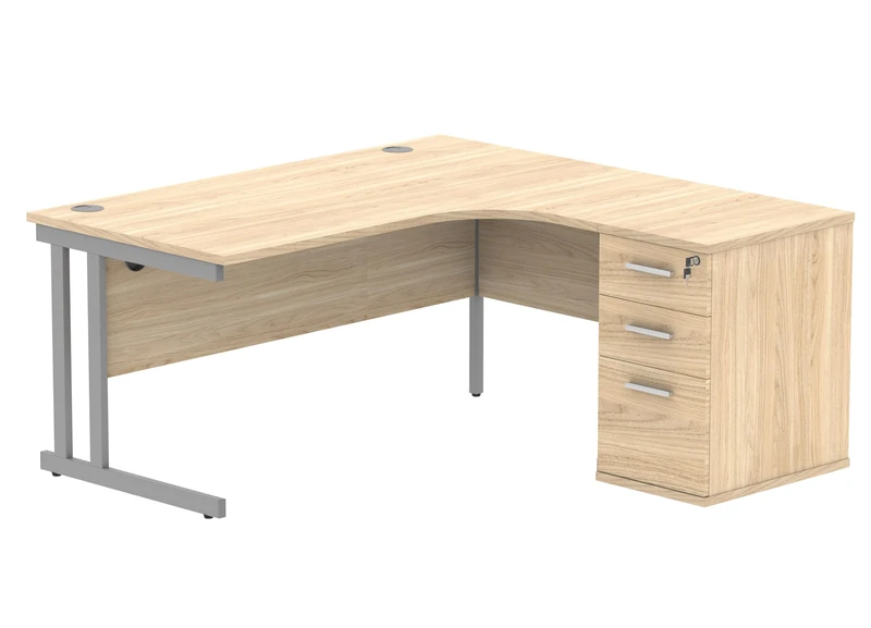 Office Hippo Heavy Duty Right Corner Radial PC Office Desk With Storage, 3 Drawer A4 and Foolscap Filing Pedestal, Silver Frame, Canadian Oak Top, 160 x 160.4 x 73 cm