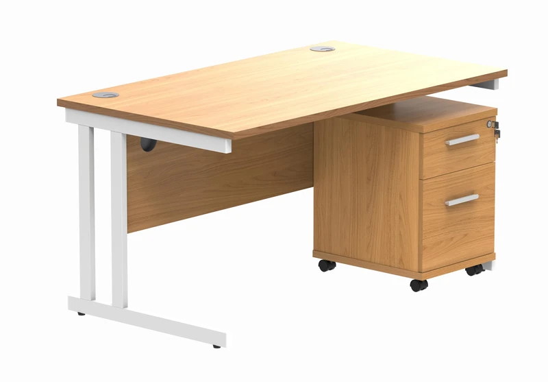 Office Hippo Heavy Duty Contract Grade Office Desk Workstation and Lockable 2-Drawer Pedestal Set, 120kg Weight Tolerance, 5-Year Warranty, FSC Certified, Norwegian Beech, White Legs, 1400 x 800mm