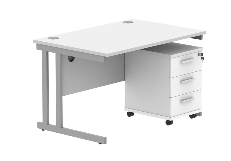 Office Hippo Heavy Duty Contract Grade Office Desk Workstation and Lockable 2-Drawer Pedestal Set, 120kg Weight Tolerance, 5-Year Warranty, FSC Certified, White, Silver Legs, 1200 x 800mm