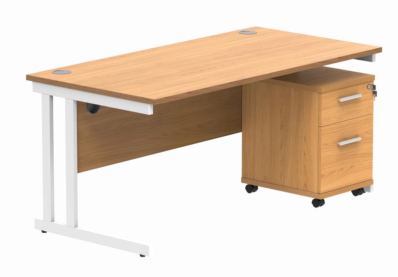Office Hippo Heavy Duty Contract Grade Office Desk Workstation and Lockable 2-Drawer Pedestal Set, 120kg Weight Tolerance, 5-Year Warranty, FSC Certified, Norwegian Beech, White Legs, 1600 x 800mm