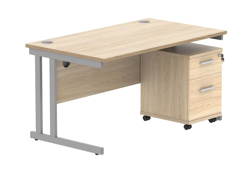 Office Hippo Heavy Duty Contract Grade Office Desk Workstation and Lockable 2-Drawer Pedestal Set, 120kg Weight Tolerance, 5-Year Warranty, FSC Certified, Canadian Oak, Silver Legs, 1400 x 800mm