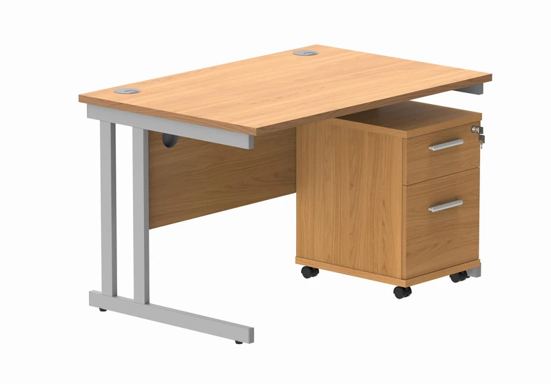 Office Hippo Heavy Duty Contract Grade Office Desk Workstation and Lockable 2-Drawer Pedestal Set, 120kg Weight Tolerance, 5-Year Warranty, FSC Certified, Norwegian Beech, Silver Legs, 1200 x 800mm