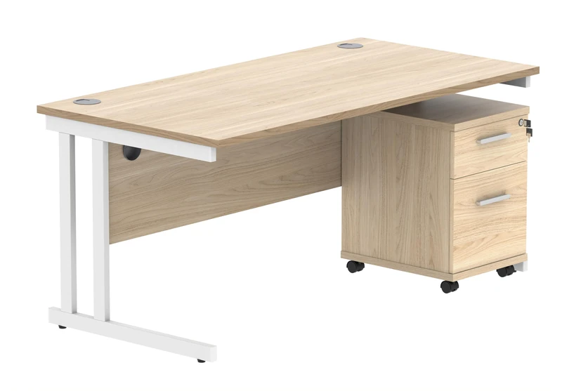 Office Hippo Heavy Duty Contract Grade Office Desk Workstation and Lockable 2-Drawer Pedestal Set, 120kg Weight Tolerance, 5-Year Warranty, FSC Certified, Canadian Oak, White Legs, 1600 x 800mm