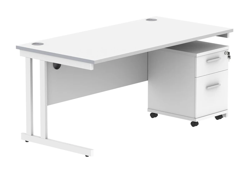 Office Hippo Heavy Duty Contract Grade Office Desk Workstation and Lockable 2-Drawer Pedestal Set, 120kg Weight Tolerance, 5-Year Warranty, FSC Certified, White, White Legs, 1600 x 800mm