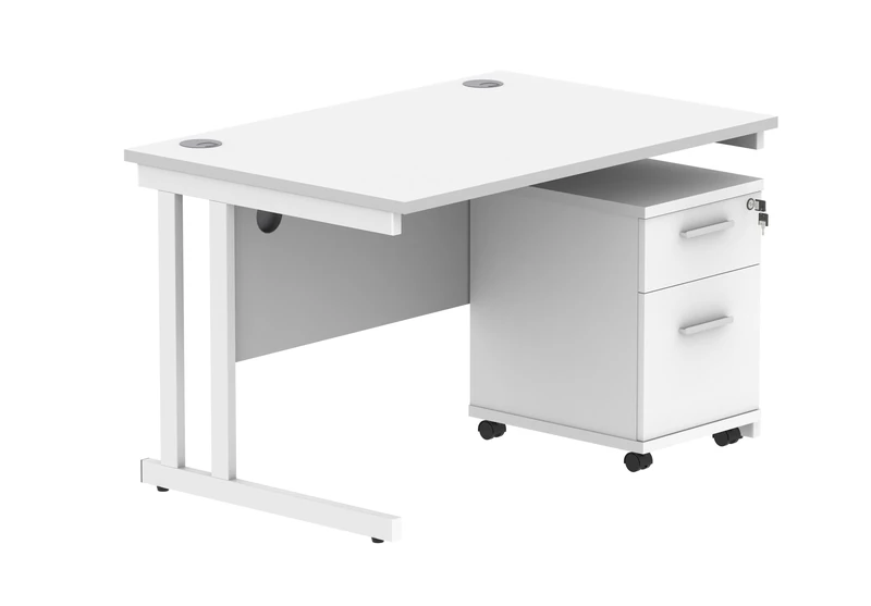 Office Hippo Heavy Duty Contract Grade Office Desk Workstation and Lockable 2-Drawer Pedestal Set, 120kg Weight Tolerance, 5-Year Warranty, FSC Certified, White, White Legs, 1200 x 800mm