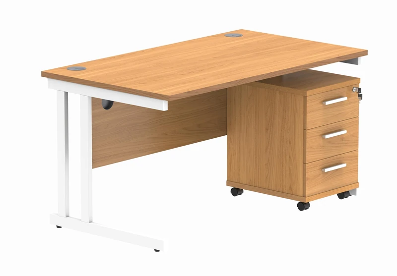 Office Hippo Heavy Duty Rectangular PC Office Desk with Storage, 3 Drawer Mobile Pedestal, White Frame, Norwegian Beech Top, 140 x 80 x 73 cm