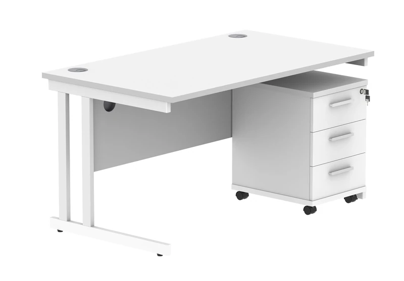 Office Hippo Heavy Duty Rectangular PC Office Desk with Storage, 3 Drawer Mobile Pedestal, White Frame, Arctic White Top, 140 x 80 x 73 cm