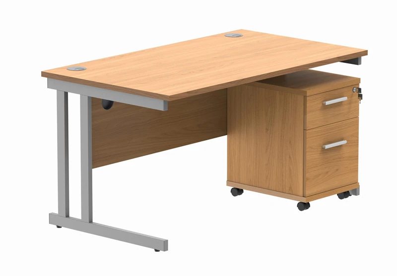 Office Hippo Heavy Duty Contract Grade Office Desk Workstation and Lockable 2-Drawer Pedestal Set, 120kg Weight Tolerance, 5-Year Warranty, FSC Certified, Norwegian Beech, Silver Legs, 1400 x 800mm