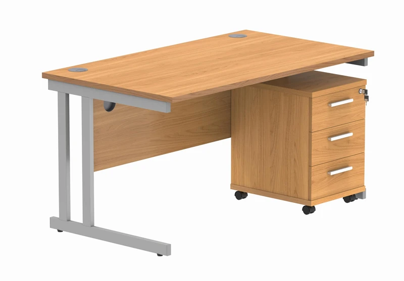 Office Hippo Heavy Duty Rectangular PC Office Desk with Storage, 3 Drawer Mobile Pedestal, Silver Frame, Norwegian Beech Top, 140 x 80 x 73 cm