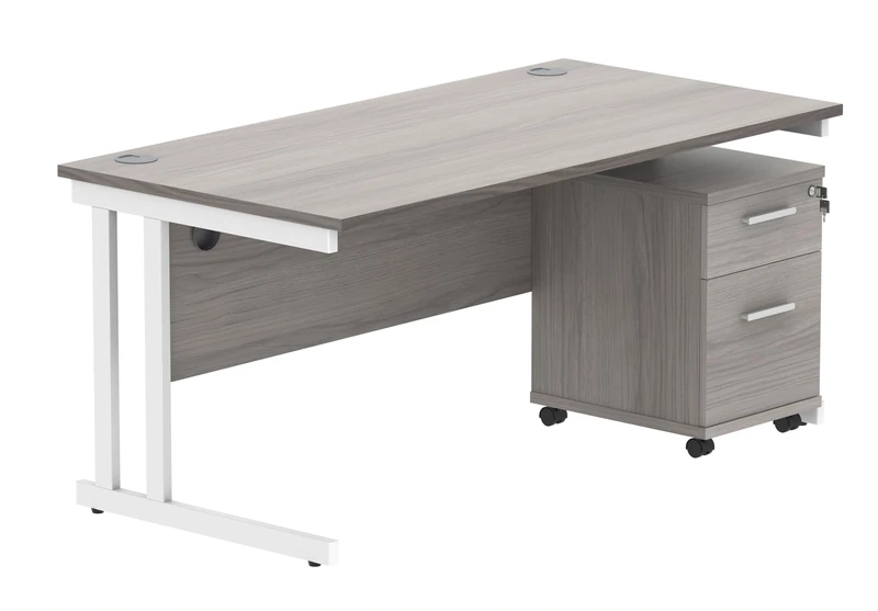 Office Hippo Heavy Duty Contract Grade Office Desk Workstation and Lockable 2-Drawer Pedestal Set, 120kg Weight Tolerance, 5-Year Warranty, FSC Certified, Alaskan Grey Oak, White Legs, 1600 x 800mm