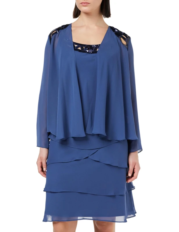 Gina Bacconi Embellished Tiered Sequin Jacket Dress, Wedgewood, 12