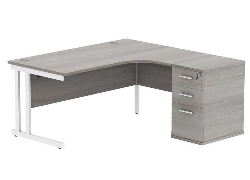 Office Hippo Heavy Duty Right Corner Radial PC Office Desk with Storage, 3 Drawer A4 and Foolscap Filing Pedestal, White Frame, Arctic White Top, 160 x 160.4 x 73 cm