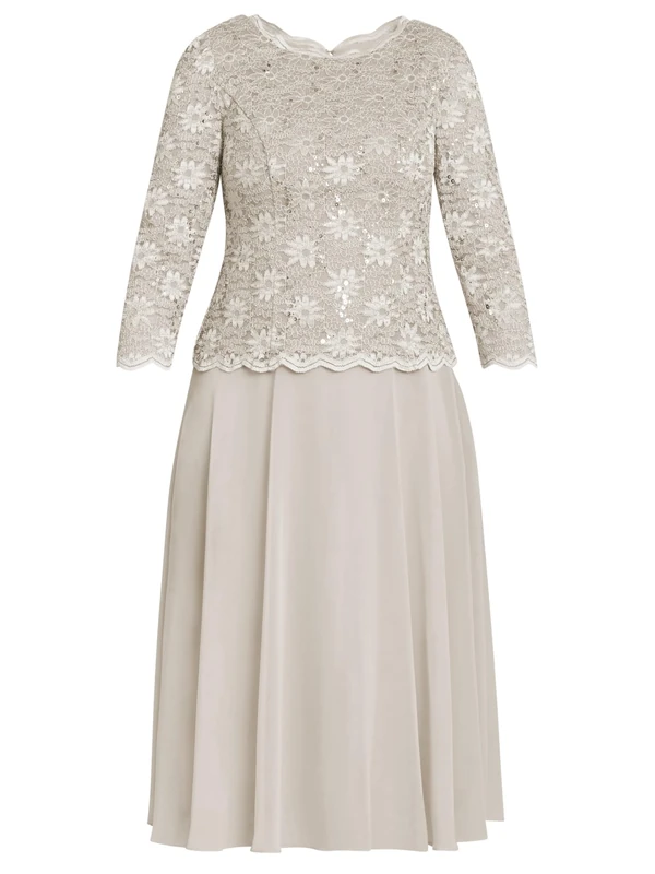 Gina Bacconi Midi-Length Dress with Lace Bodice & Chiffon Skirt, Taupe, 18