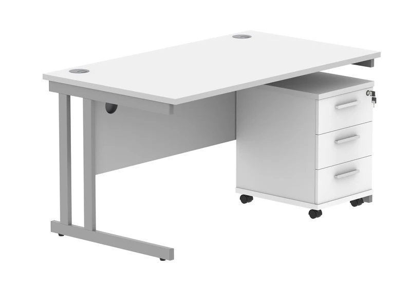 Office Hippo Heavy Duty Rectangular PC Office Desk with Storage, 3 Drawer Mobile Pedestal, Silver Frame, Arctic White Top, 140 x 80 x 73 cm