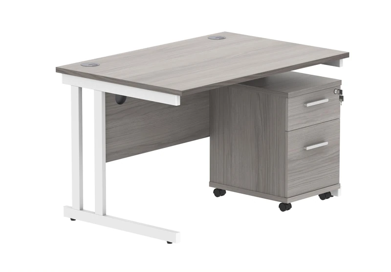 Office Hippo Heavy Duty Contract Grade Office Desk Workstation and Lockable 2-Drawer Pedestal Set, 120kg Weight Tolerance, 5-Year Warranty, FSC Certified, Alaskan Grey Oak, White Legs, 1200 x 800mm