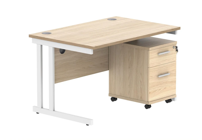 Office Hippo Heavy Duty Contract Grade Office Desk Workstation and Lockable 2-Drawer Pedestal Set, 120kg Weight Tolerance, 5-Year Warranty, FSC Certified, Canadian Oak, White Legs, 1200 x 800mm